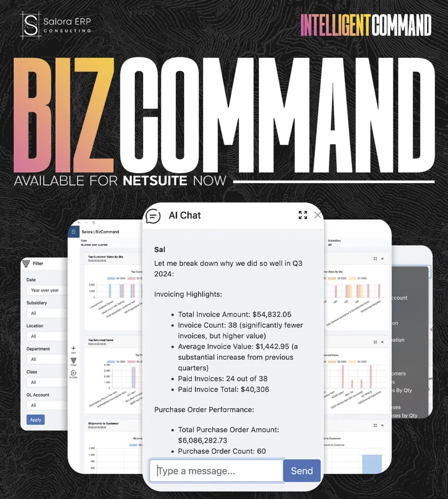 BizCommand dashboards and AI chat for revenue, cash, and inventory health in NetSuite