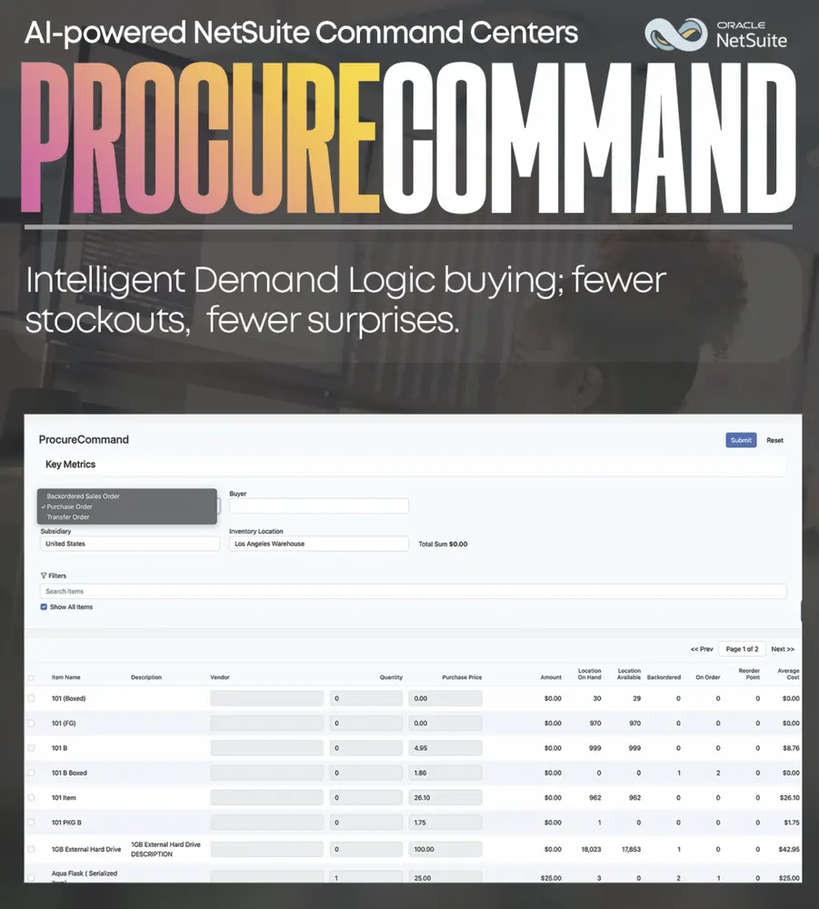 ProcureCommand dashboard with purchase orders, vendors, and stock in one NetSuite screen