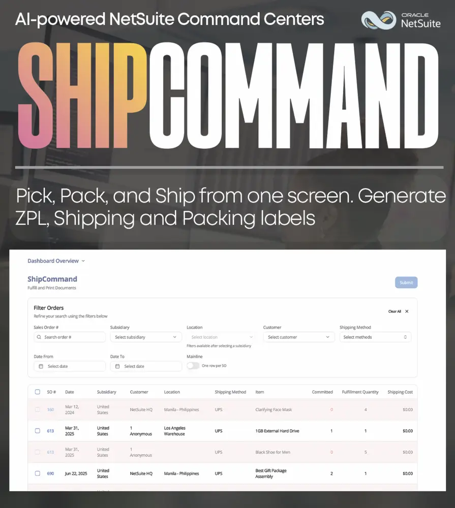 ShipCommand dashboard for picking, packing, and shipping orders from one NetSuite screen