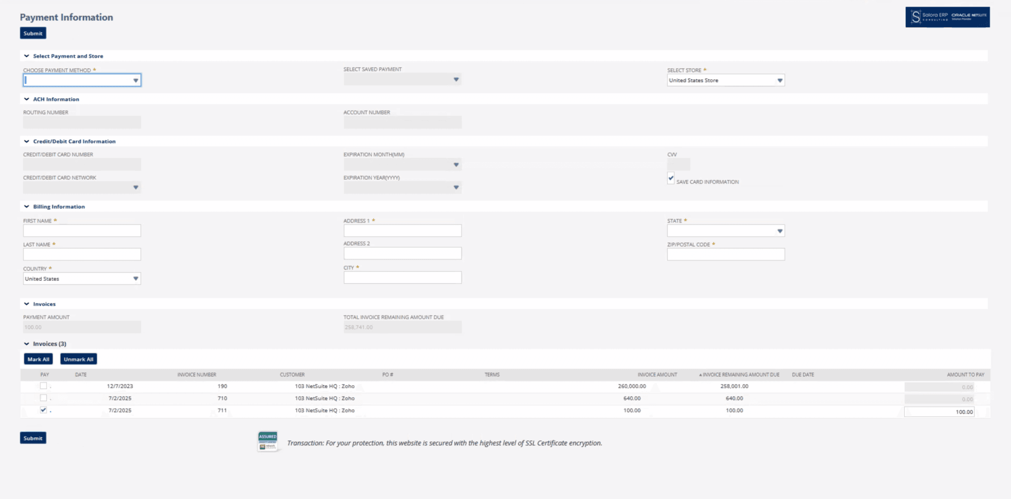 Syncard Pay Now button on a NetSuite invoice